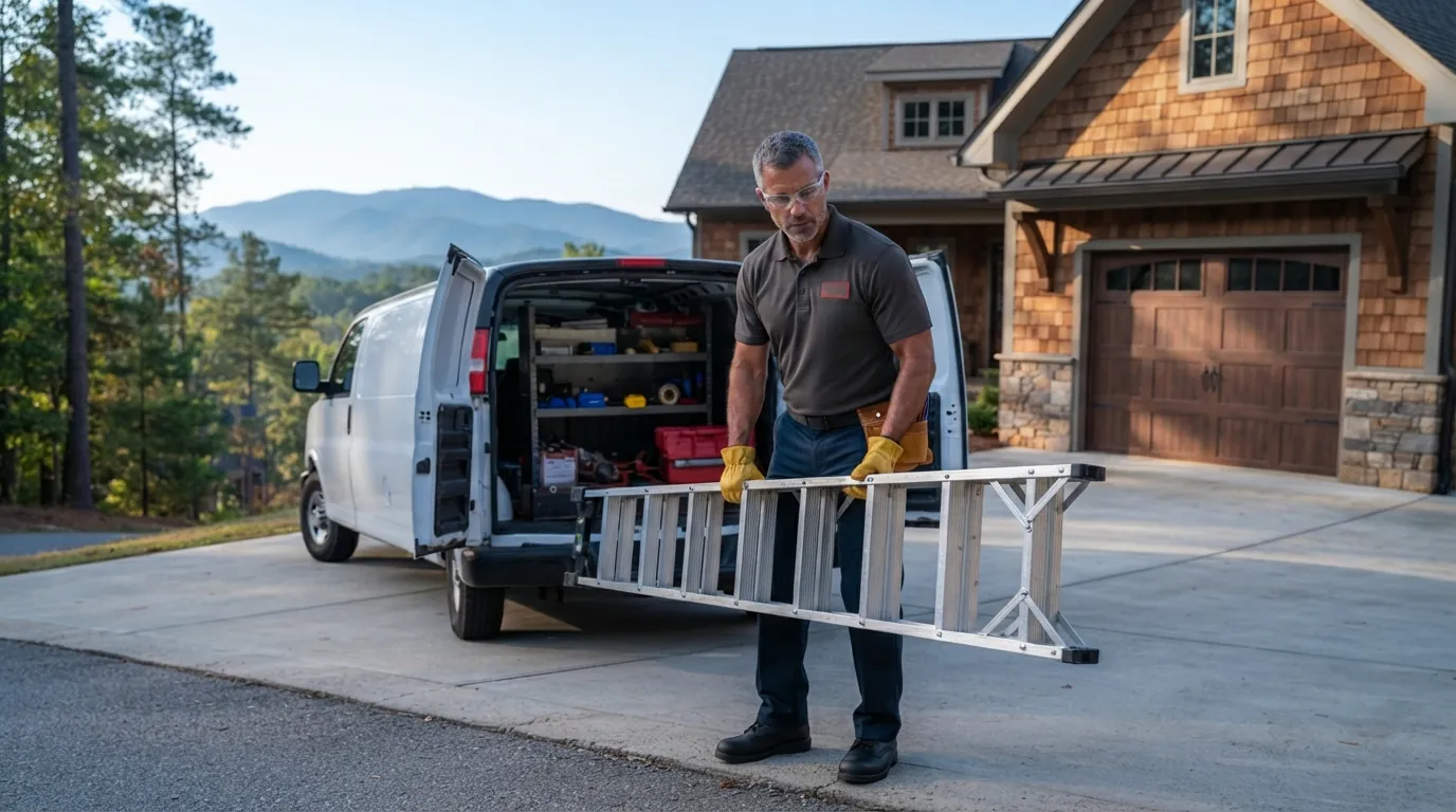mountain craftsman home, service van and technician in Asheville
