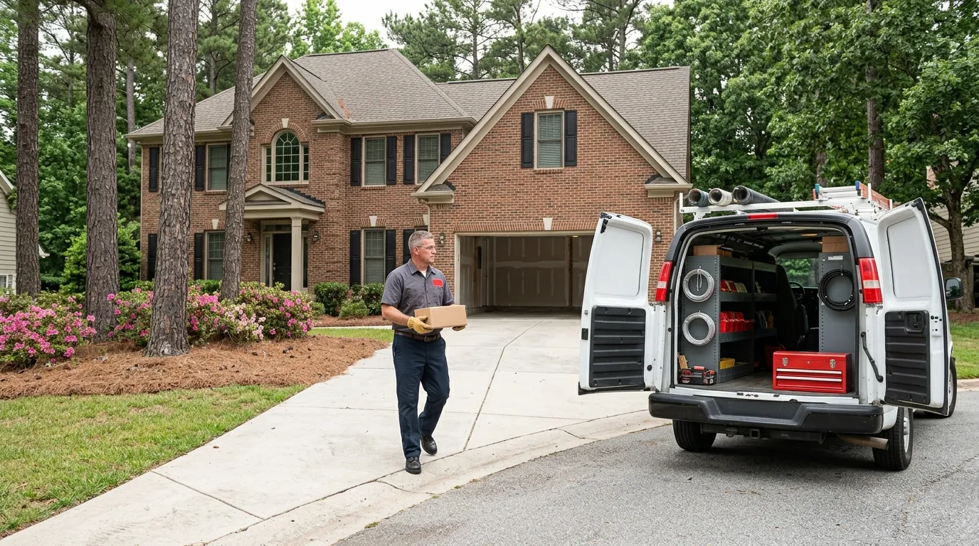 culdesac colonial home, service van and technician in Cary