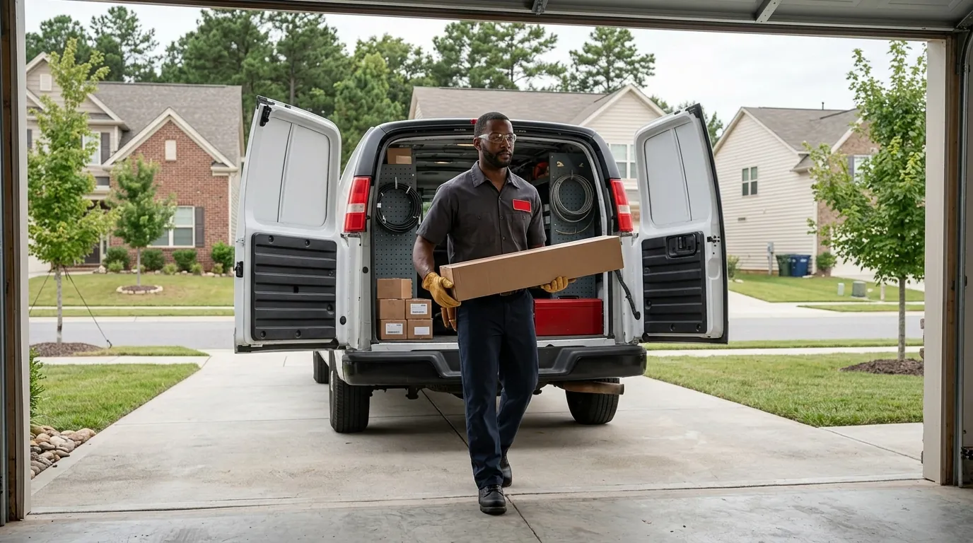 subdivision home home, service van and technician in Concord