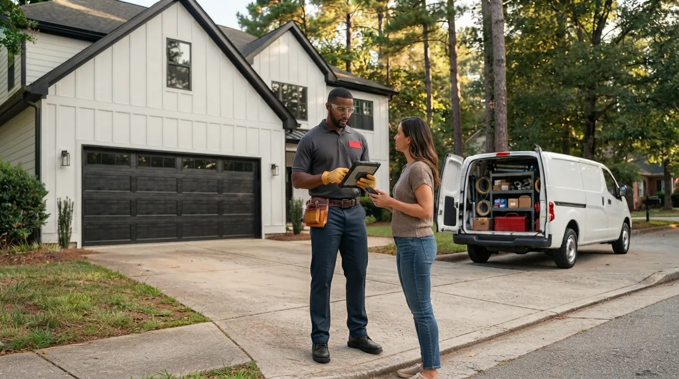 modern farmhouse home, service van and technician in Durham