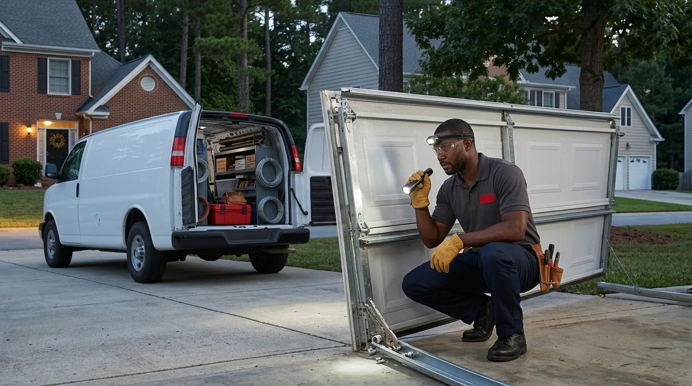 headlamp, crooked half-open door and van lights at dusk