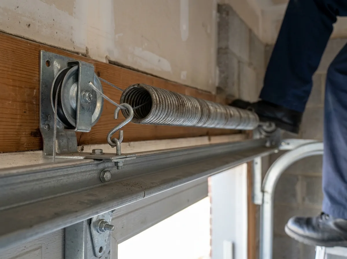 Extension spring with a safety cable threaded through it next to the horizontal track