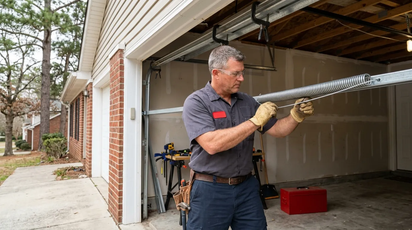 Technician replacing an extension spring beside the horizontal track of a single garage door