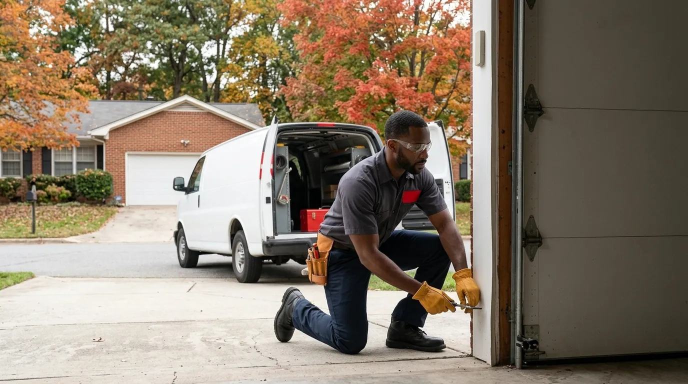brick ranch home, service van and technician in Greensboro