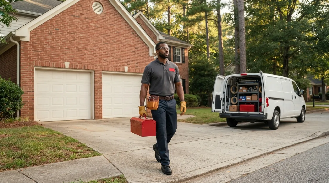brick colonial home, service van and technician in Raleigh