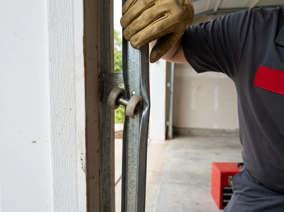 Garage door roller that has jumped out of a bent vertical track