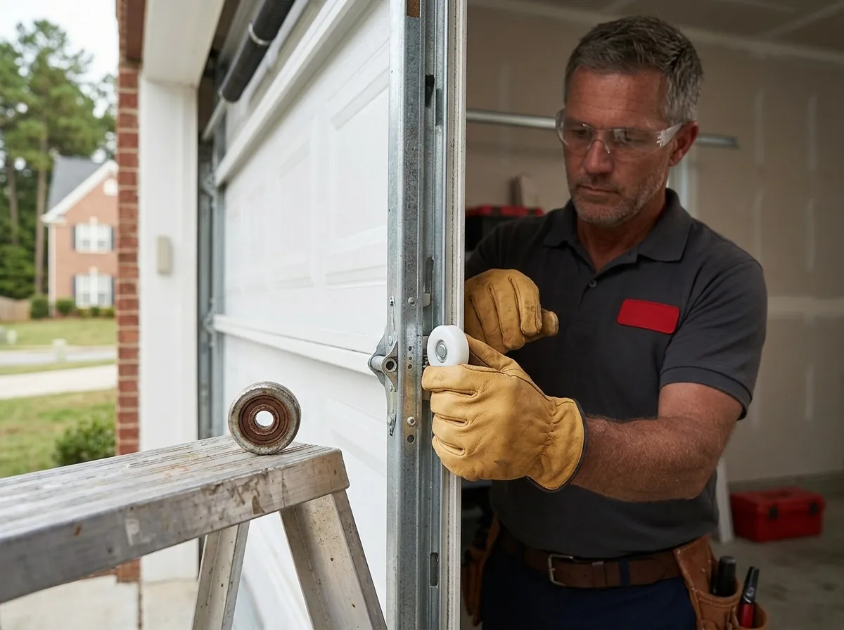 Gloved hands fitting a new nylon ball-bearing roller into a garage door hinge