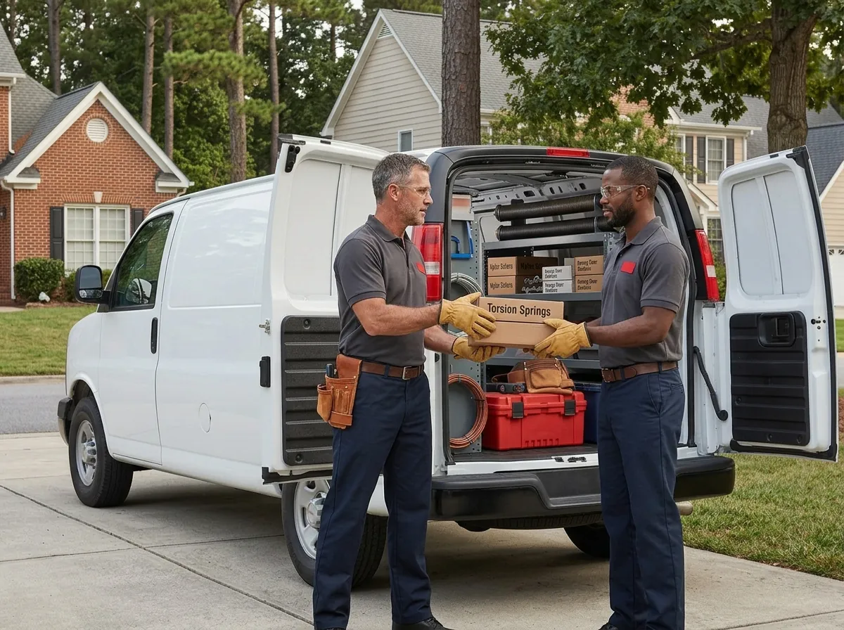 Technician handing a boxed pair of torsion springs to a colleague at the back of a service van