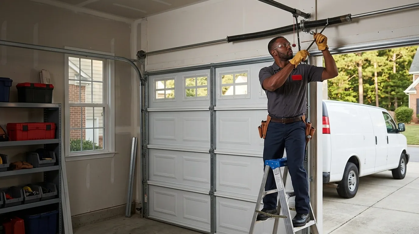 technician, step ladder and torsion assembly above a white sectional door