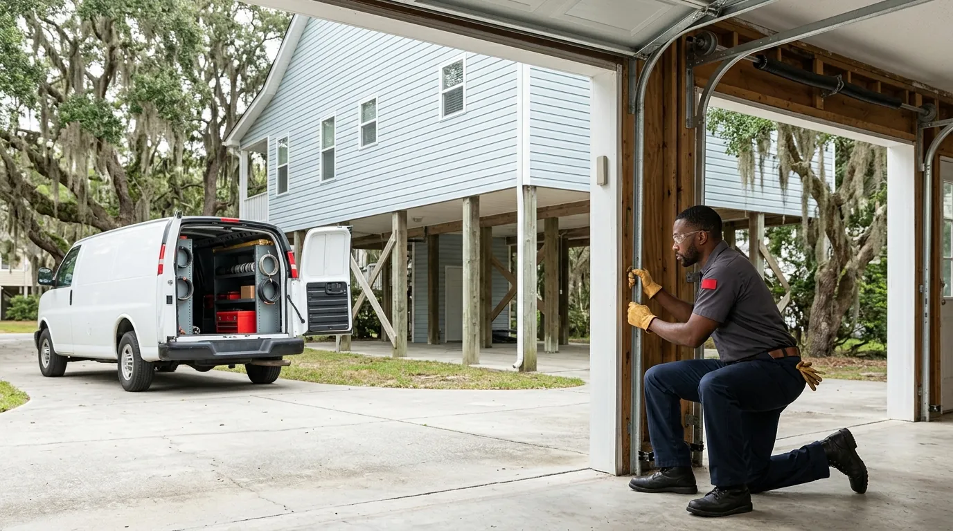 raised coastal home, service van and technician in Wilmington