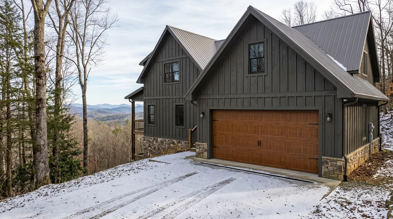 Dark board-and-batten mountain home in Boone with a brown two-car garage door and a snow-dusted driveway