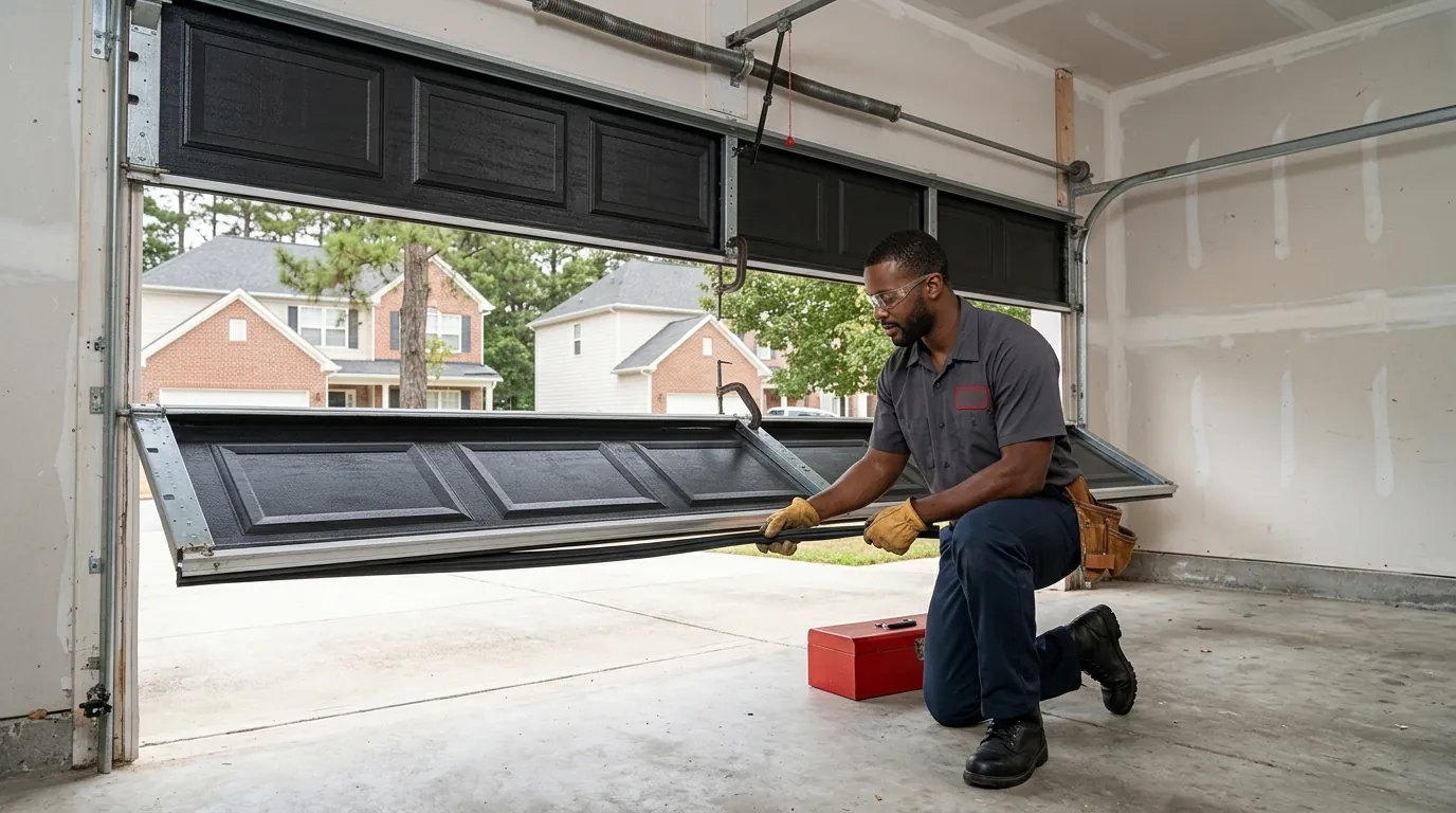 Technician sliding a new rubber bottom seal into the retainer at the base of a garage door