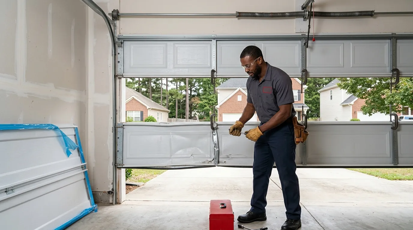 Technician removing a dented bottom section of a steel garage door