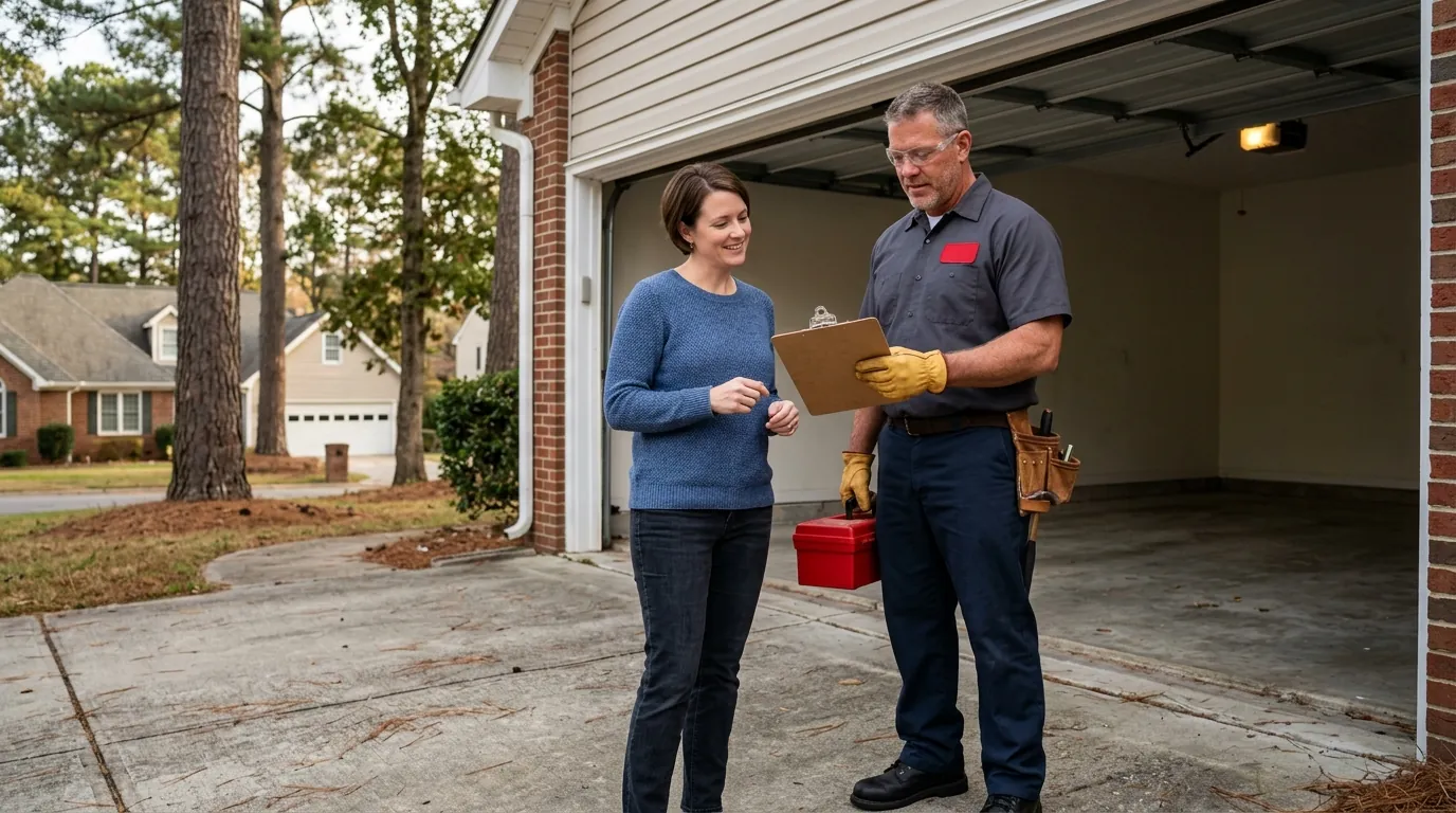 Technician reviewing a paper repair quote with a homeowner in a driveway