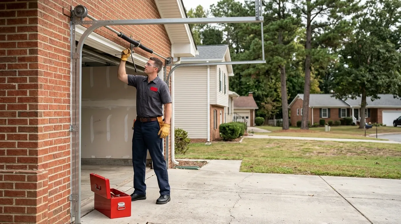 Technician on a Garner driveway reaching up to the torsion spring above an open garage door on a brick ranch house