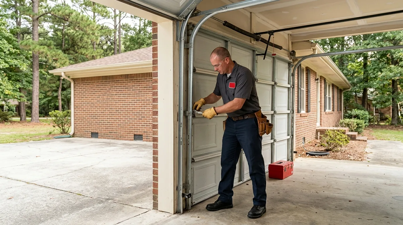 Technician working on the track hardware of a white sectional garage door in the carport of a Goldsboro brick ranch home