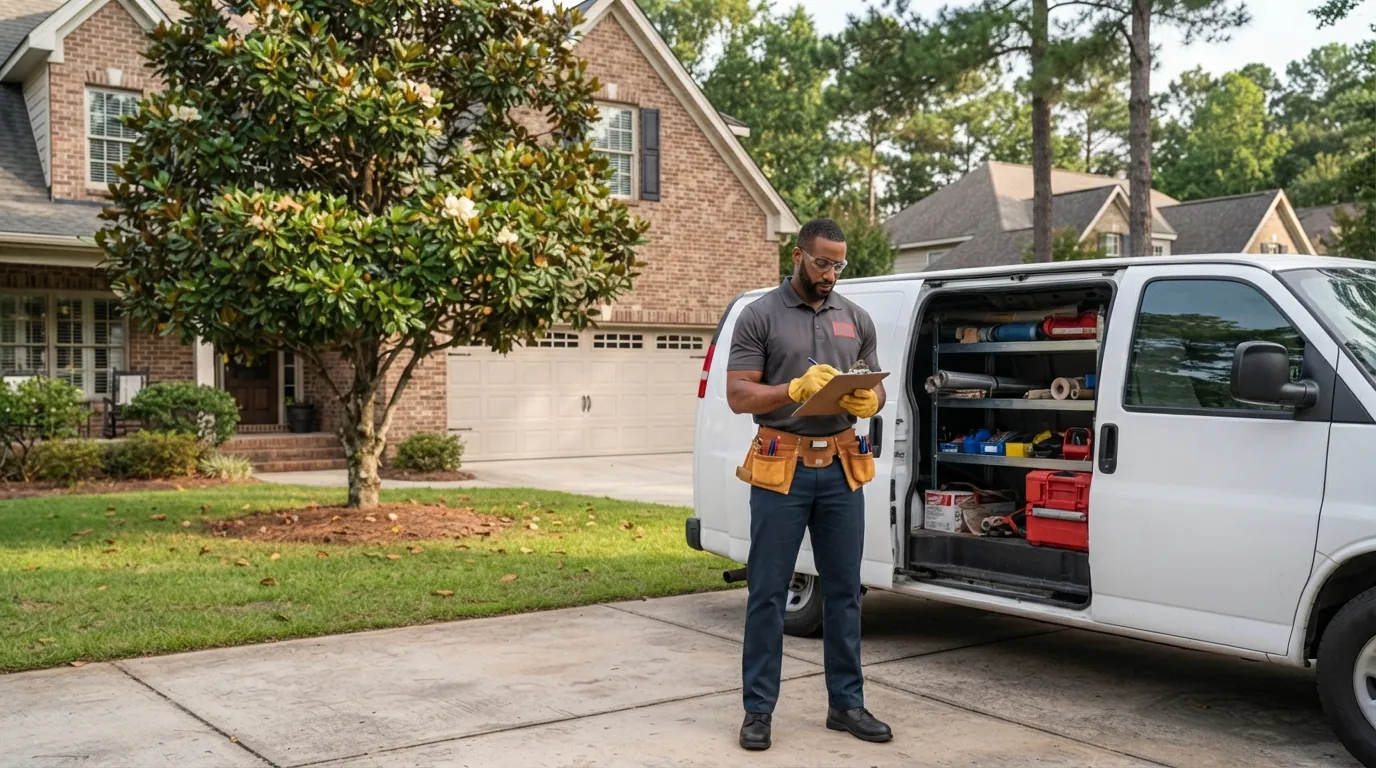 Technician with a clipboard beside an open service van outside a brick Greenville home with a closed two-car garage door