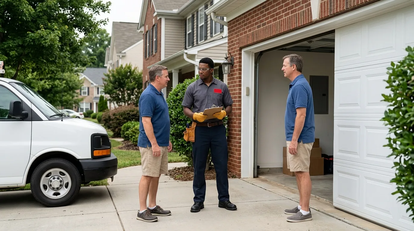 Technician with a clipboard talking with two homeowners in a driveway beside an open garage door and a service van