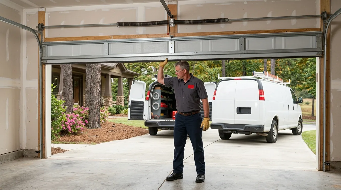 Technician tests the balance of a sectional garage door by hand during a Hickory garage door repair, two white vans outside