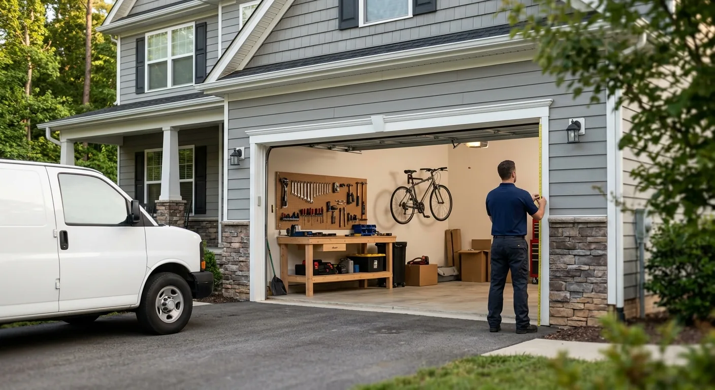 Technician measuring the open garage door of a gray two-story Holly Springs home, with a workbench and bike hanging inside