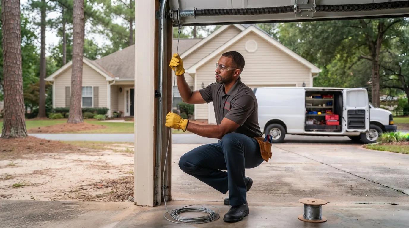 Technician in safety glasses kneeling beside the open track of a garage door