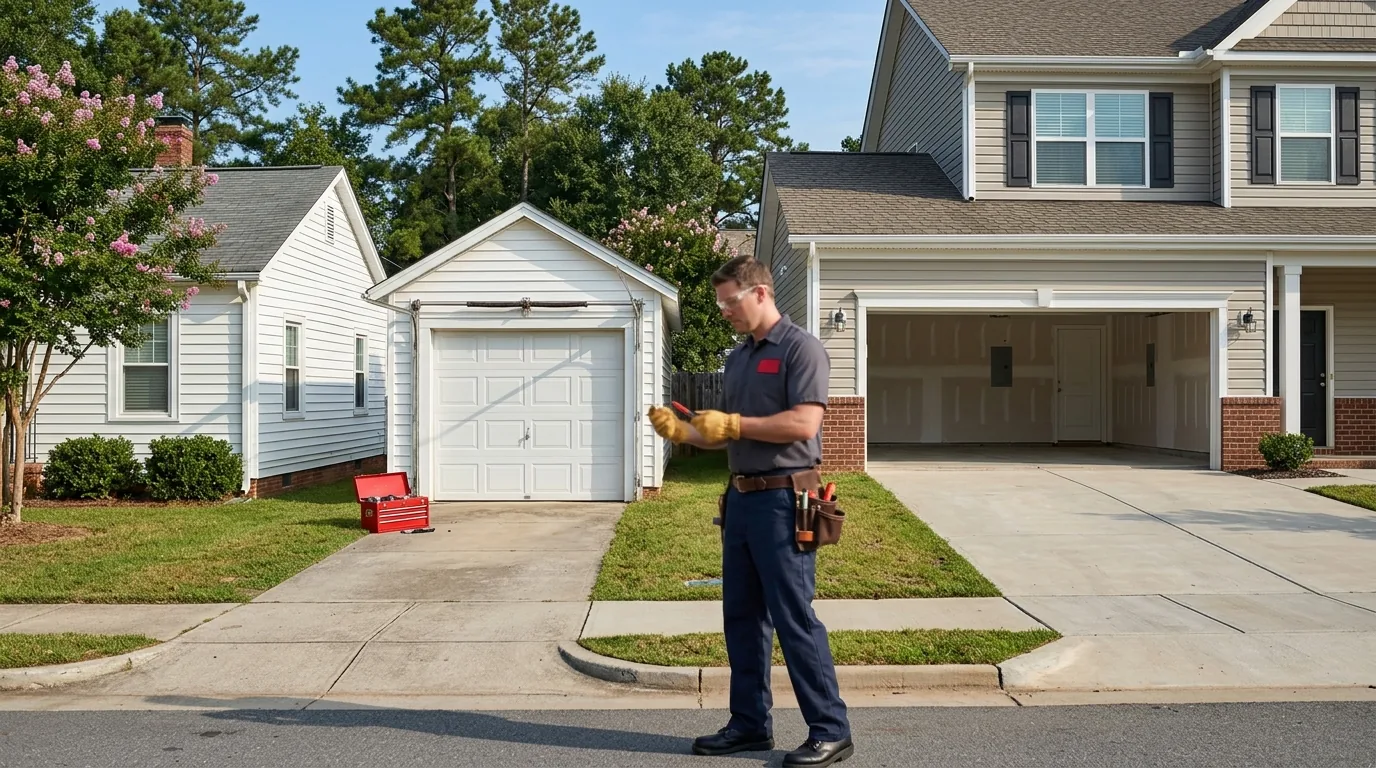 Technician with a red toolbox on a Kannapolis street between a small older garage door and a newer two-car garage door