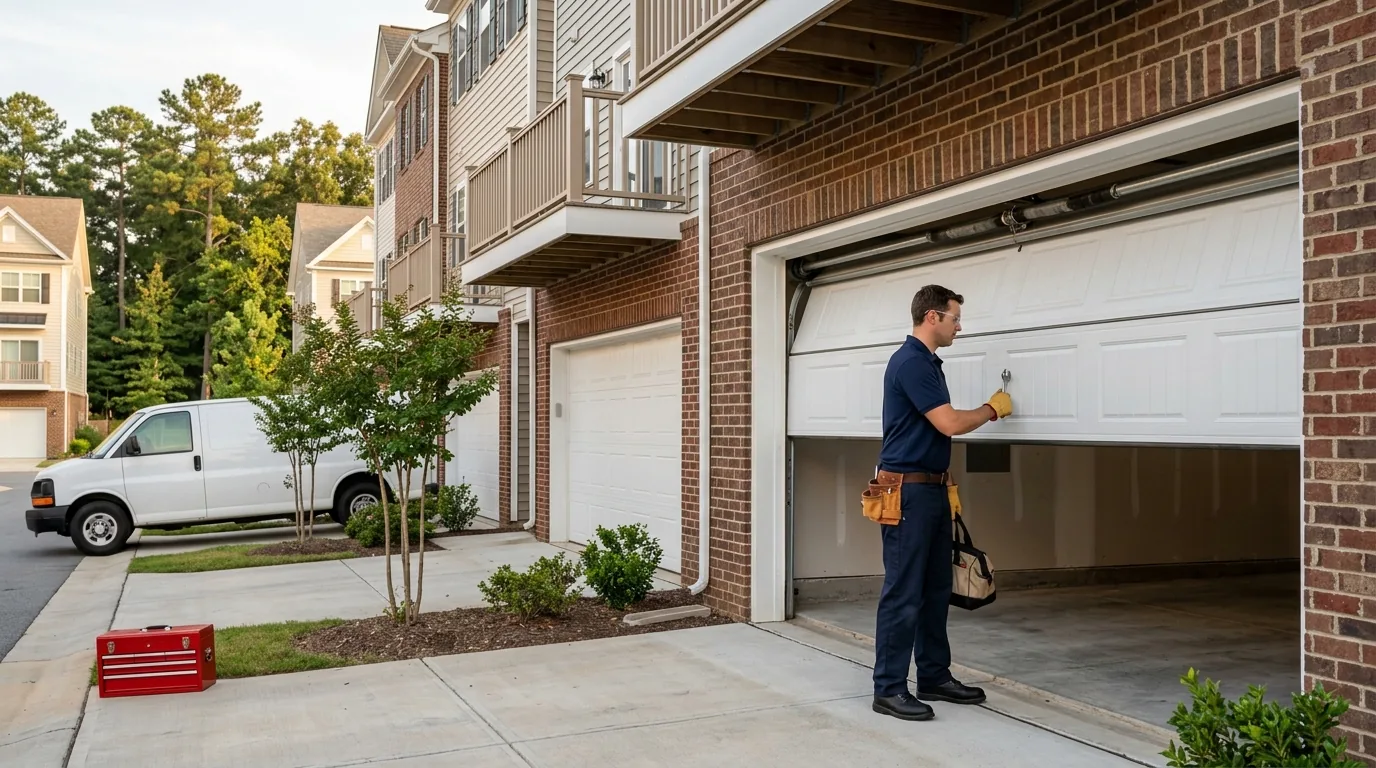 Technician checking a raised single-car garage door on a brick townhome row