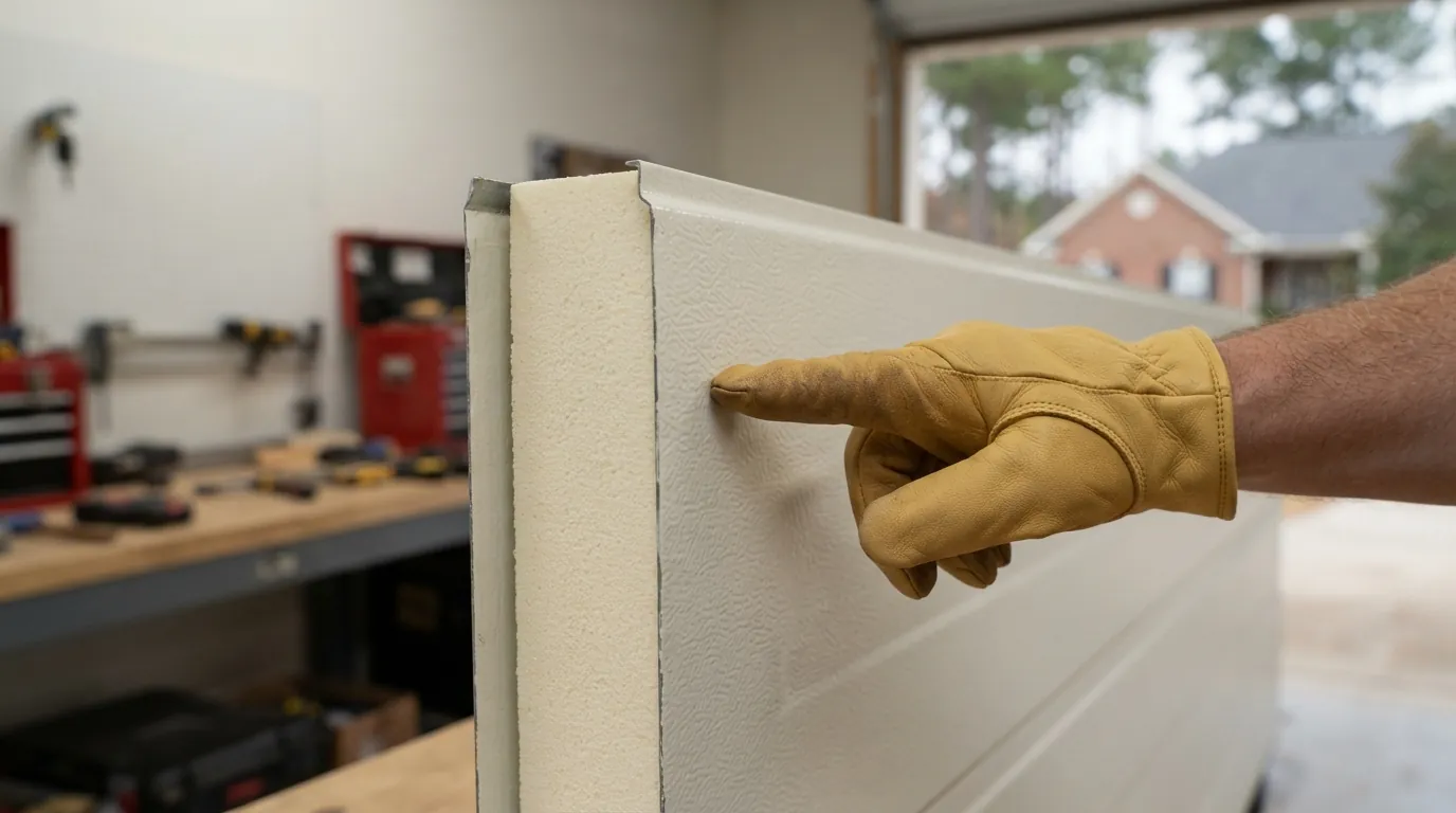 Gloved hand pointing to the cream polyurethane foam core between the steel skins of a cut garage door section