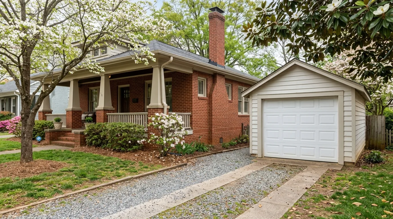 Older brick bungalow in Salisbury with a detached single-car garage and a white paneled garage door