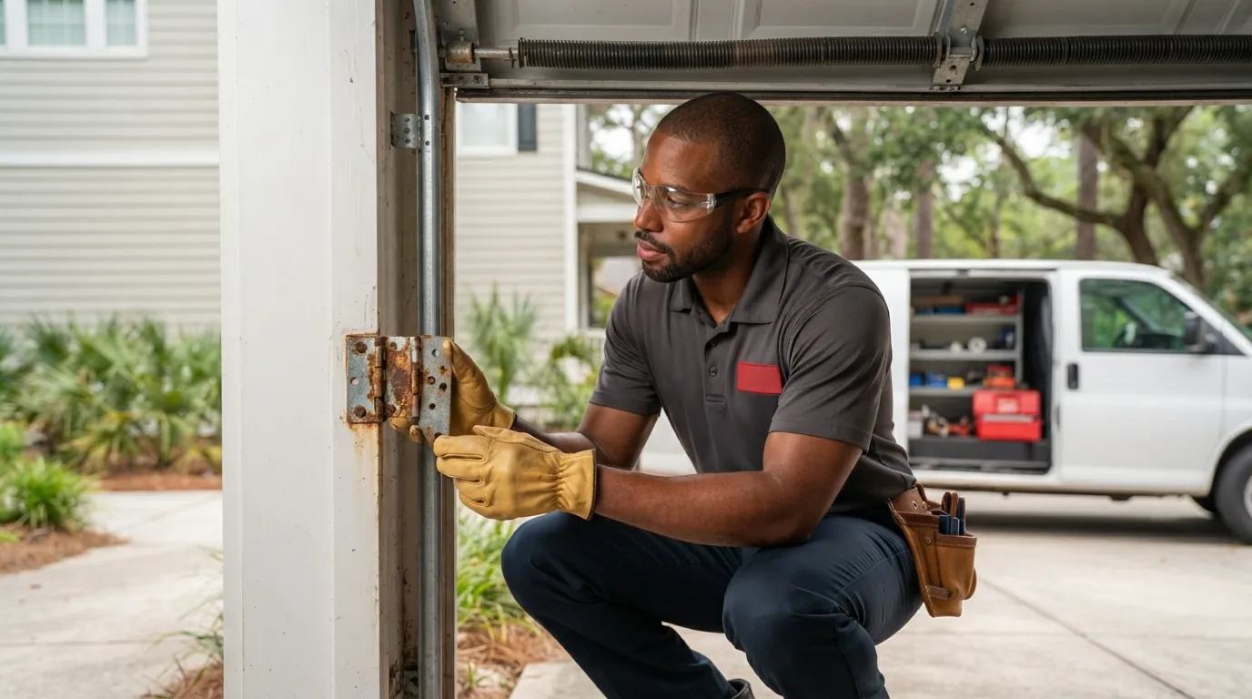Technician holding a rust-pitted garage door hinge at the jamb